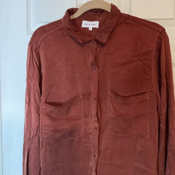 Bella Dahl Rust Red Brown Silky Button Down Long Sleeve Fall Top Blouse Size XL - Picture 2 of 4